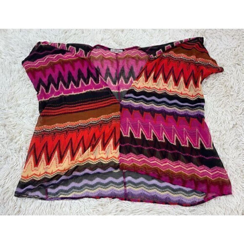Orange, black, pink, purple, tan and brown funky bohemian sheer blouse size XS b